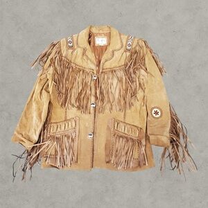 Vintage Scully Leather Jacket Men 46 Tan Leather Suede Fringe Cowboy Concho Bead